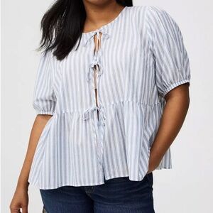 Torrid Striped White & Blue Puff Sleeve Tie Front Blouse Coquette Cottage Top